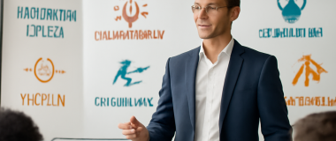 Självständig kvinna i futuristisk rustning står på en bergstopp med en solnedgång i bakgrunden, omgiven av glödande neonljus och flygande drönare.